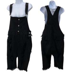 Distressed Denim Shortalls Plus Size 2X Black Stretch Y2k Grunge Streetwear